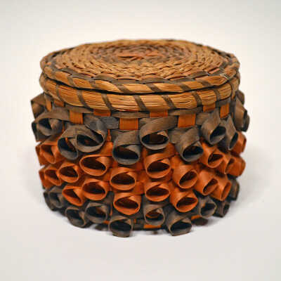 Smallish Orange and Black (Faded) Basket with Lid [Passamaquoddy] | Unkown Artist