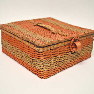 Low square basket with braided handle on top [Passamaquoddy] | Unknown Artist