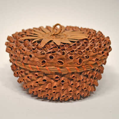 Medium size round red color (now very faded) ?strawberry basket [Passamaquoddy] | Unknown Artist