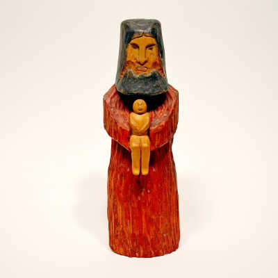 Carved wooden bearded male figure holding baby/small child [Passamaquoddy] | Rocky Keezer