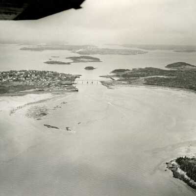 Aerial View | Looking North to Lubec Narrows with Left to Right, Lubec, Maine; International Bridge; and Campobello Island, New Brunswick | U. S. Army Corps. of Engineers