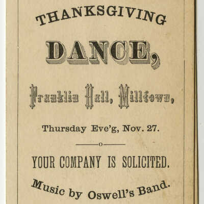 Thanksgiving Dance, Franklin Hall, Milltown, Maine | J.A. Sears, Printer, Calais, Maine
