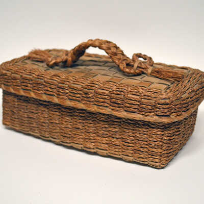 Retangular box shaped basket with braided handle on top [Passamaquoddy] | Unknown Artist
