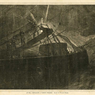 At sea, — Signalling a passing steamer — Drawn by Winslow Homer | Winslow Homer