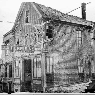 J.A. Ferris & Son Building following fire of February 10, 1928 that destroyed the neighboring K of P Building.