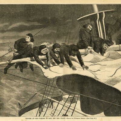 Winter at Sea — Taking in sail off the coast — Drawn by Winslow Homer | Winslow Homer