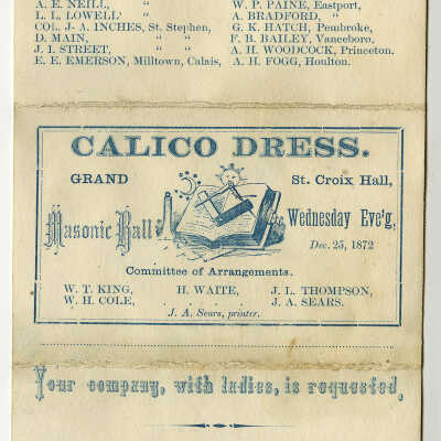 Calico Dress, Grand Masonic Ball, St. Croix Hall, Calais, Maine | J.A. Sears, Printer, Calais, Maine