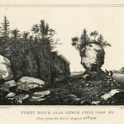 Pulpit Rock near Lewis Cove Perry Me View from the East August 10th 1836. | Moore’s Litho Boston