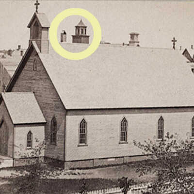 Methodist Church steeple (circled in yellow), c. 1870, before current church building built.