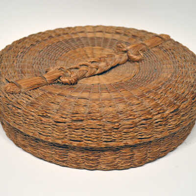 Large low round basket with braided handle [Passamaquoddy] | Unknown Artist