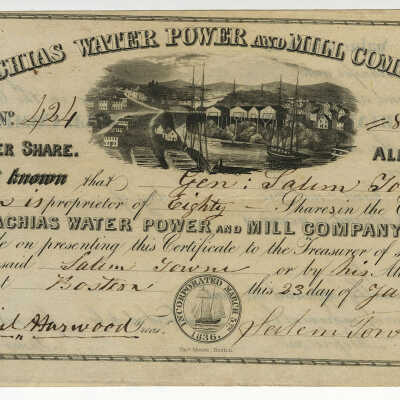 Machias Water Power and Mill Company | Share Certificate | Machias, Maine | 1850