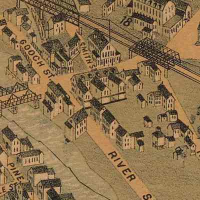 Close-up of the same location in the 1875 map, Bird's Eye View of the Cities of Biddeford & Saco, York County, Maine. Note that South-North/East-West are "flipped" on this map.