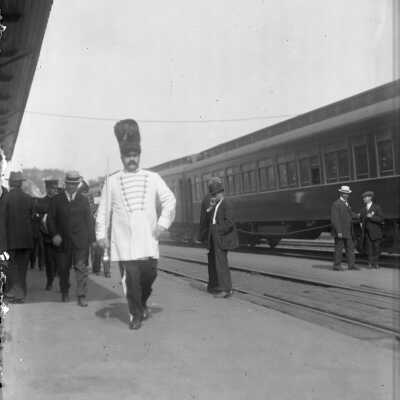 Painchaud's Band drum major at Biddeford train depot