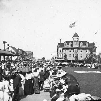 Crowd around Old Orchard Beach train station