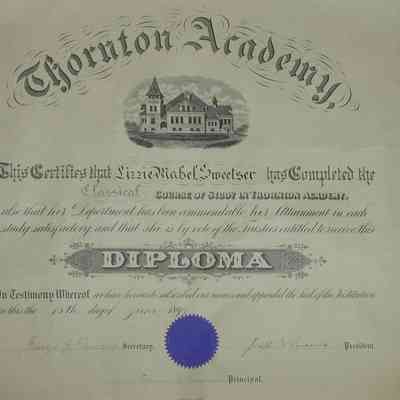 2008.25.1: Elizabeth (Lizzie Mabel) Sweetser's Thornton Academy diploma.