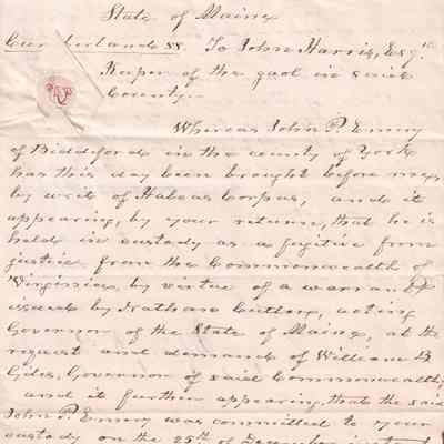 Letter ordering the release of Captain John Emery