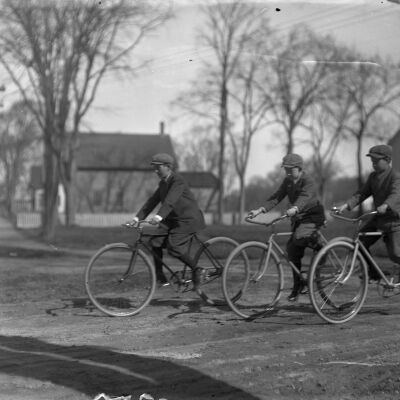 Three boys riding bicycles