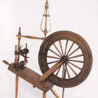 Illustration of a complete Alfred Shaker wheel by the same maker.: This wheel is equipped with a basket distaff.  Published in "Spinning Wheels and Accessories" by David A. Pennington and Michal B. Taylor, 2004.