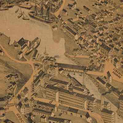 A close-up view of the bridge in the 1875 map, "Birds-Eye View of the Cities of Biddeford & Saco, York, Maine." Note this map is "flipped" from East-to-West/South-to-North.