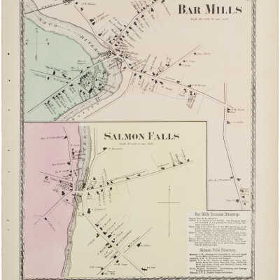Map of Bar Mills and Salmon Falls Village with business directories, 1872.: The Saco River separates the towns of Buxton and Hollis at Salmon Falls Village; Buxton is on the eastern side of the river and Hollis is to the west.  The village is located approximately fifteen miles inland from the ocean at one of several drops along the Saco River between its source at Crawford Notch and Saco Bay.  The cities of Biddeford and Saco are downstream, while Bar Mills, Limington, and Cornish lie to the north.  The residence of Silas Elden is indicated in the lower middle of the map, around the corner from that of Gibeon Bradbury.  This map was originally published in the York County Atlas, Sandford, Everts, and Co.