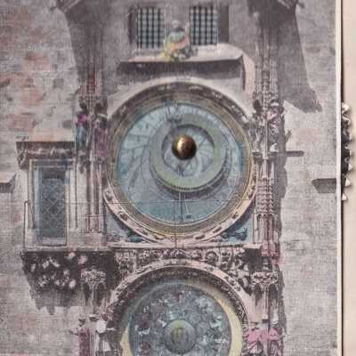 Postcard of the tower clock near the Powder Gate in Prague.: The toothed wheel on the right moves a disk that changes the figures in the windows a the top.