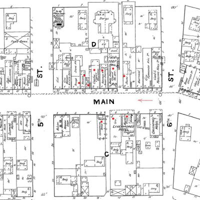 1890 Sanborn - the red dots indicate the visible main structures JAH 12/2022