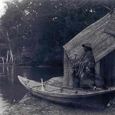 Native American of the Skokomish Tribe 1913 - Summer Fishing Camp with Reed Mat Shelter