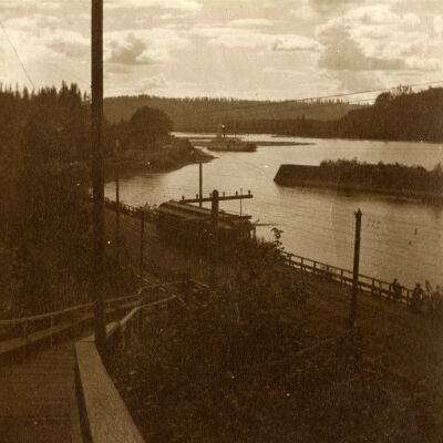 Willamette River above Falls at Boat Basin with Steamboat and Trolley Car