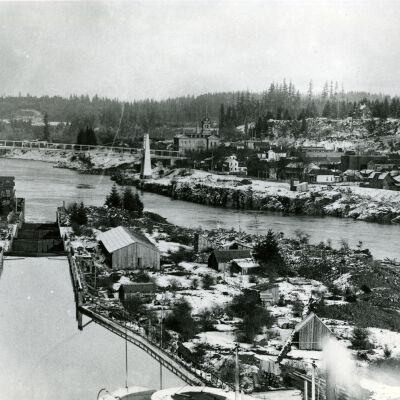 Willamette Falls Locks 1888 - Looking down river in winter