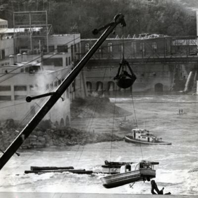 "Monticello" Barge working on rescue of Sea Scout Boat "Chinook" From Willamette Falls - 1952