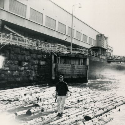 Willamette Falls Locks with Log Raft and Man