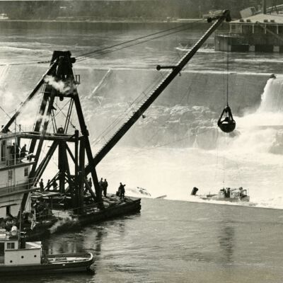"Monticello" barge working on rescue of Sea Scout Boat "Chinook" - Willamette Falls - 1952