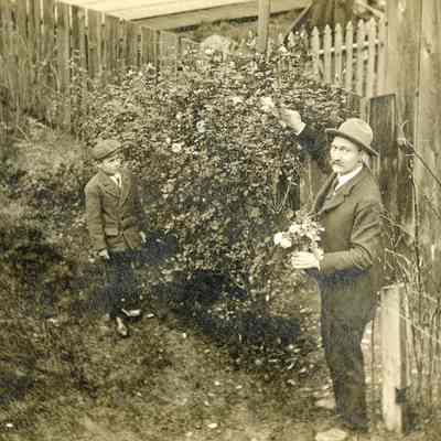 Unknown Man and Boy Picking Roses