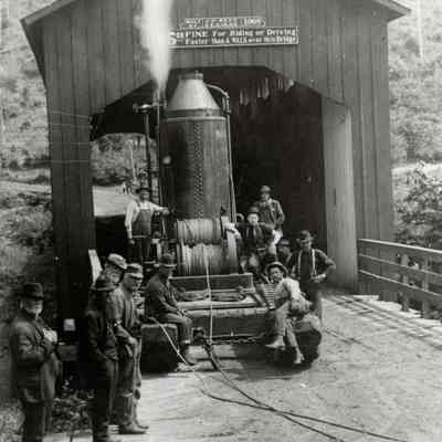 Estacada Covered Bridge, Logging Donkey and 11-man Crew.
