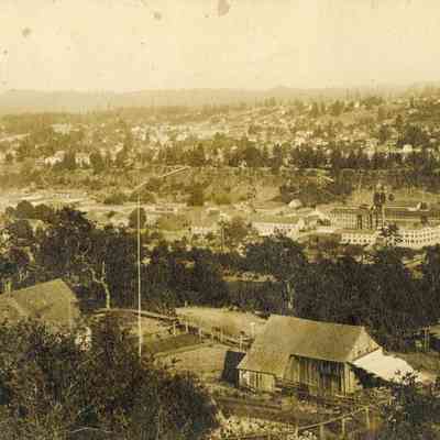 Oregon City 1910 - Viewed from West Linn Showing three Stairways Coming down Bluff