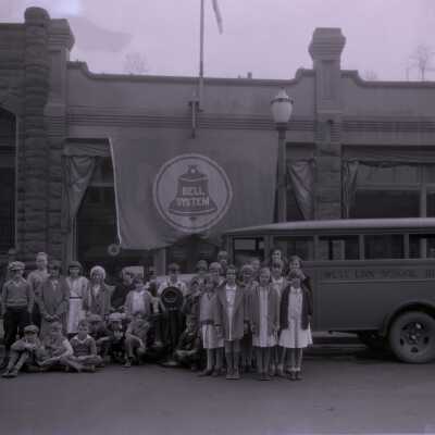 West Linn School Bus with Students at Bell Telephone Building - September 1931 - Negative