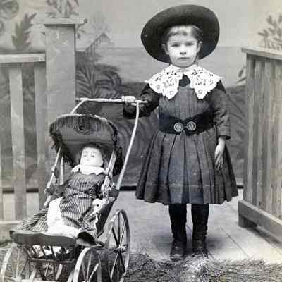 Unknown Young Girl - Studio Portrait - With Doll in Stroller