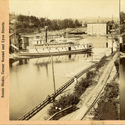Steamboat "N.R. Lang" - 1902 - in Oregon City Boat Basin - Stereoscopic Card