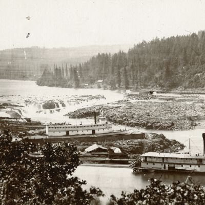 Willamette Falls - with Steamboats in Basin - 1874