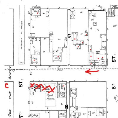 1888 Sanborn - the red dots indicate the main structures. The x's indicate structures not yet built.