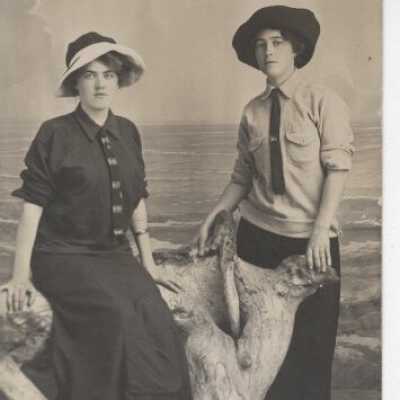 Studio Portrait of Two Unknown Women Standing by Driftwood - Post Card