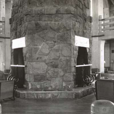 Timberline Lodge, interior featuring main lounge and fireplace