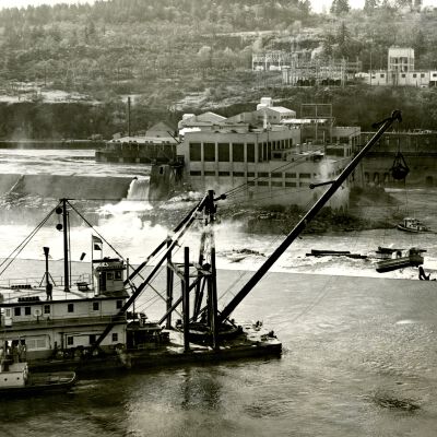 "Monticello" Barge working on rescue of Sea Scout Boat "Chinook" From Willamette Falls - 1952