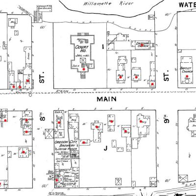 1890 Sanborn Map - The red dots indicate the structures that can be seen in whole, or in some cases, only part.