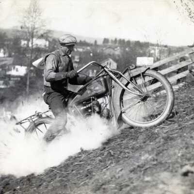 Motorcycle rider at Falls View, Oregon City. Early 1920s
