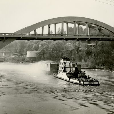 Oregon City Bridge with Tugboat "Peter M" Pushing Barge