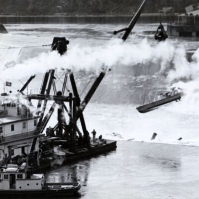 "Monticello" barge working on rescue of Sea Scout Boat "Chinook" - Willamette Falls - 1952