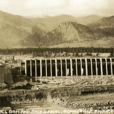 Bonneville Dam Project on Columbia River - South Channel and Ship Canal Postcard - Circa 1933 - 1938