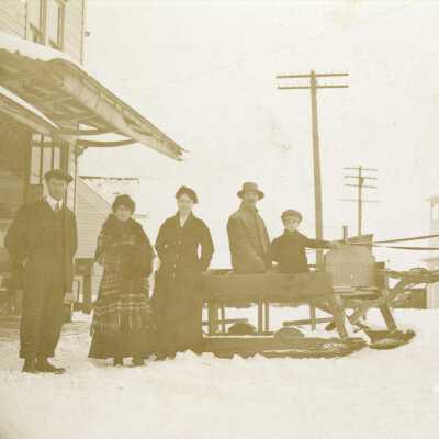 Horse drawn sled in front of Everhart/Hall Store on Molalla Blvd