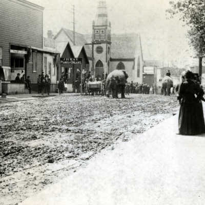 Oregon City 1891 - Circus Parade Down Main Street - Elephants Procession